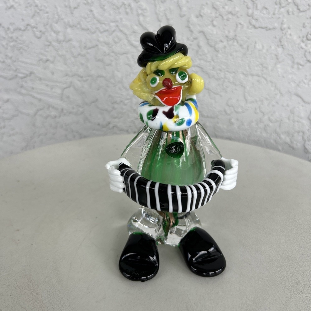 Vtg Murano Art Glass Clown Figurine with Accordion Hand Blown Whimsical Colorful